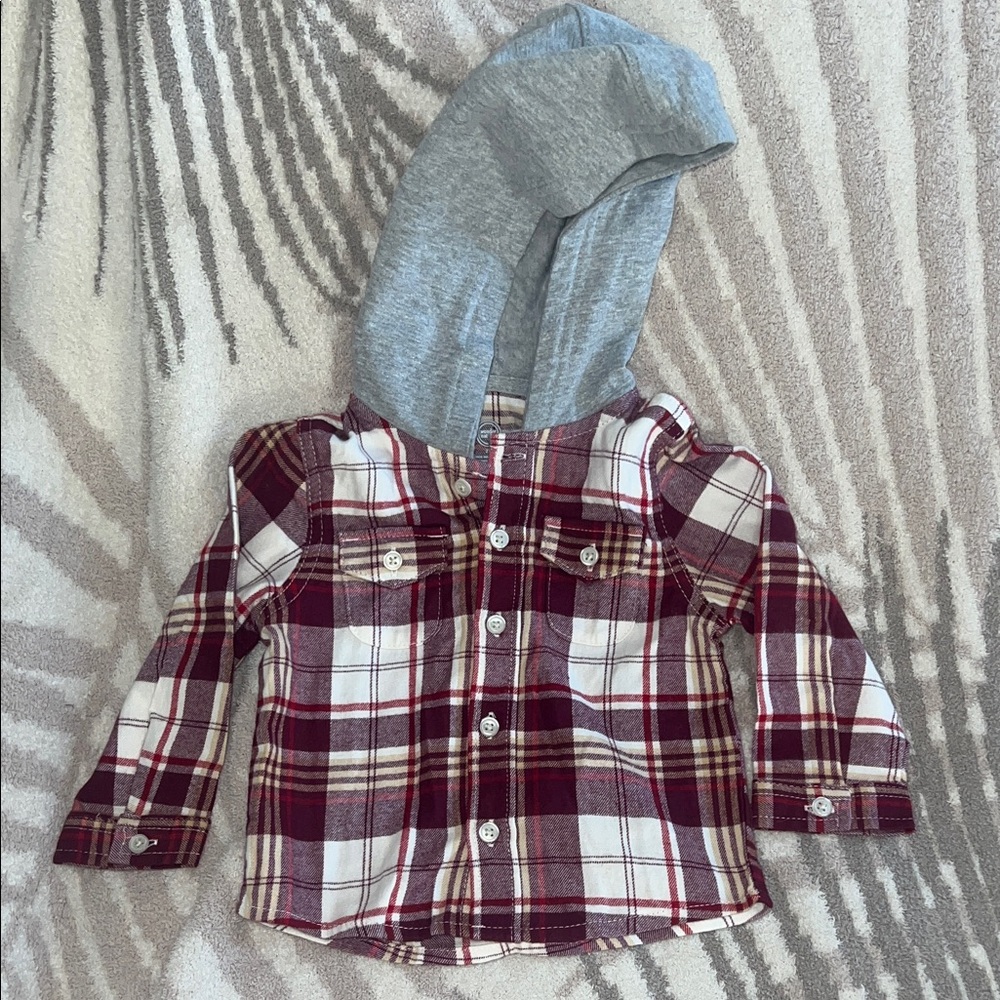 Wonder Nation Maroon Plaid Button-Down Shirt with Gray Hood